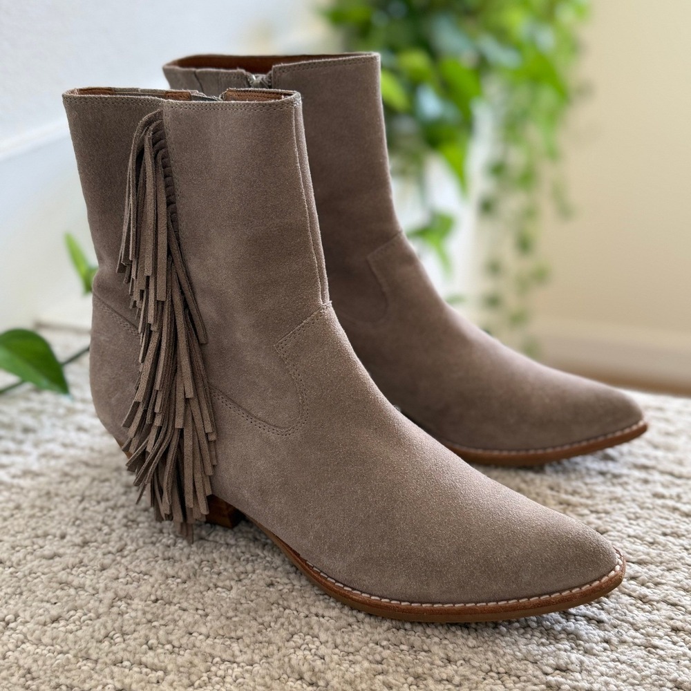 JEFFREY CAMPBELL Hastings Suede Fringe Western Ankle Boots WOMEN 8.5 Taupe BOHO - Picture 2 of 12